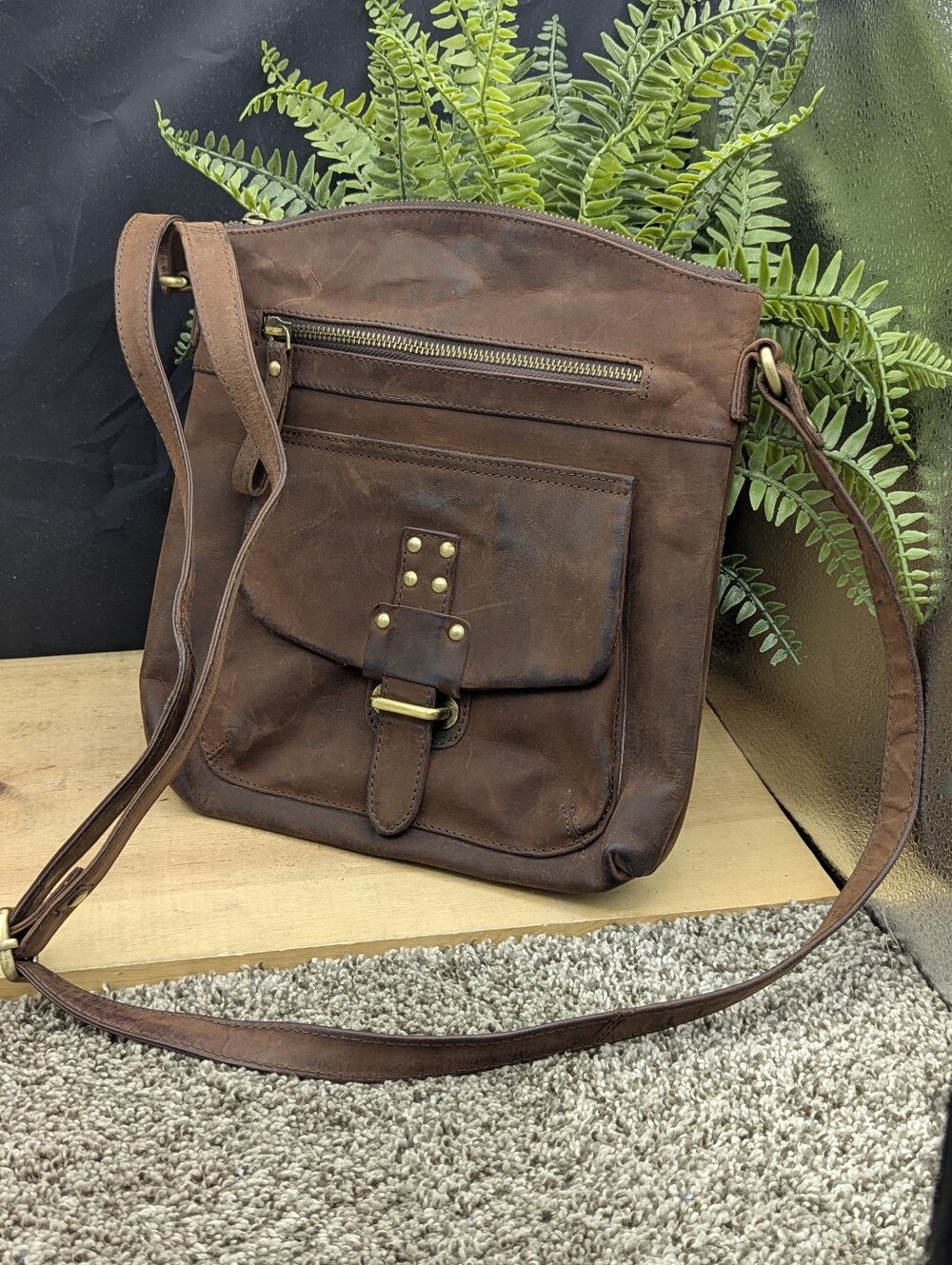 Hand Made In India Brown Leather Crossbody Bag/Purse Zip Top Adjustable Strap